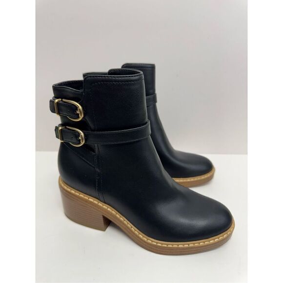 Marc Fisher Ankle Booties Size 5.5 Black Leather Block Heel Buckle Detail NEW - Picture 3 of 10